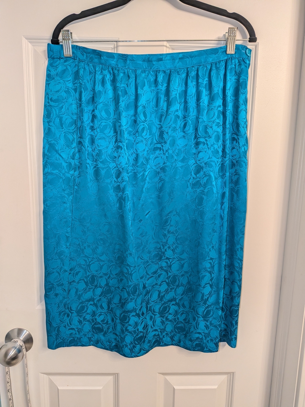 Vintage Turquoise Blue Floral Jacquard Silk Midi Skirt